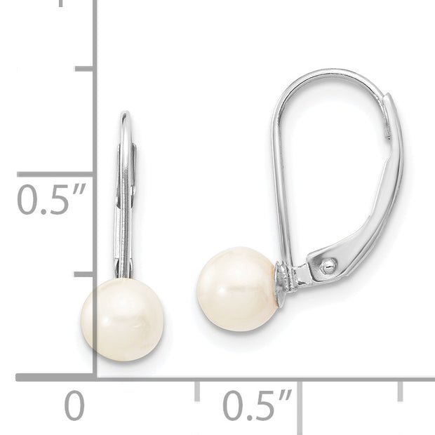 14K White Gold 5-6mm Round White Saltwater Akoya Pearl Leverback Earrings