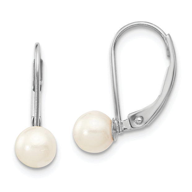 14K White Gold 5-6mm Round White Saltwater Akoya Pearl Leverback Earrings