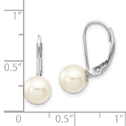14K White Gold 7-8mm Round White Saltwater Akoya Pearl Leverback Earrings
