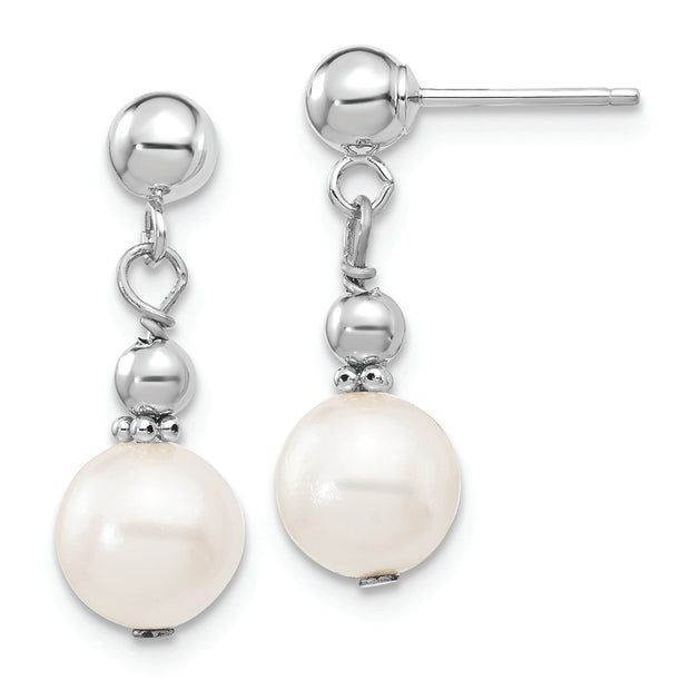 14kw 7-8mm White Semi-round Freshwater Cultured Pearl Dangle Post Earrings