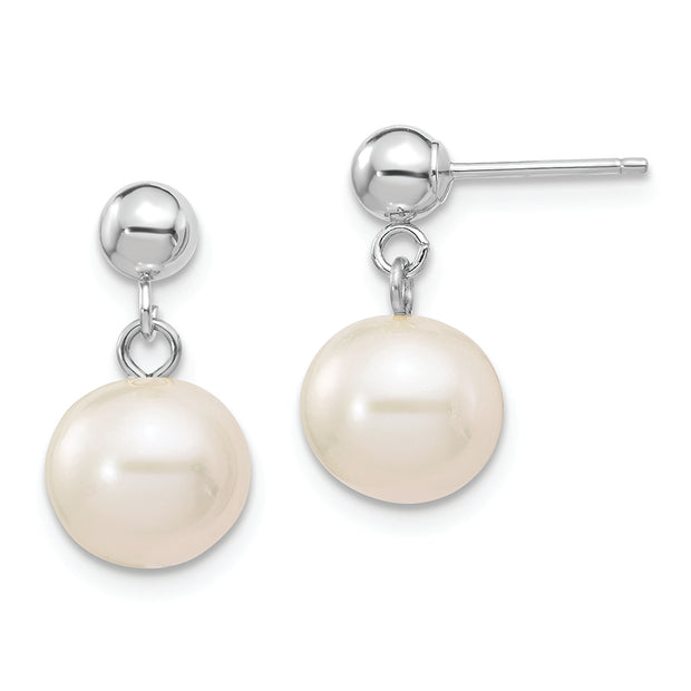 14kw 8-8.5mm White Round Freshwater Cultured Pearl Dangle Post Earrings