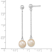 14kw 7-8mm White Round Freshwater Cultured Pearl Dangle Post Earrings