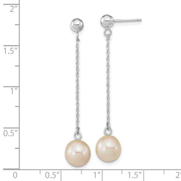 14kw 7-8mm White Round Freshwater Cultured Pearl Dangle Post Earrings