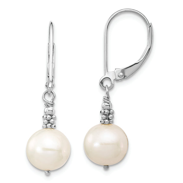 14k White Gold 8-9mm Near Round White FWC Pearl Leverback Earrings