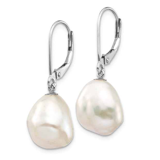 14K White Gold 13x15mm Keshi White FWC Pearl Dangle Earrings