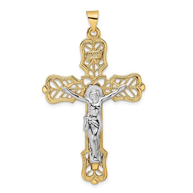 14k Two-tone Solid INRI Filigree Crucifix Pendant