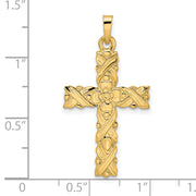 14k Polished and Textured Solid Floral Cross Pendant