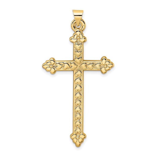 14k Polished and Textured Hollow Hearts Cross Pendant