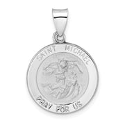 14k White Gold Polished and Satin Hollow St Michael Medal Pendant