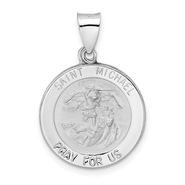 14k White Gold Polished and Satin Hollow St Michael Medal Pendant