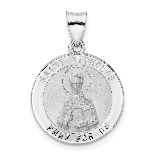 14k White Gold Polished and Satin Hollow St Nicholas Medal Pendant