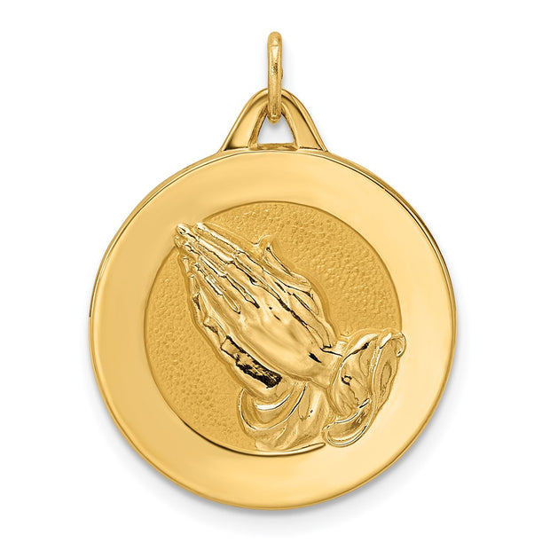 14k Polished and Satin Solid Praying Hands Disc Pendant