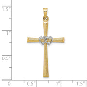 14k Two-tone Solid Double Hearts Cross Pendant