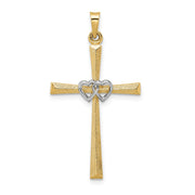 14k Two-tone Solid Double Hearts Cross Pendant