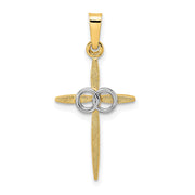14k Two-tone Polished and Satin Solid Double Ring Cross Pendant