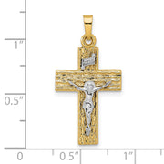 14k Two-tone Polished Wood Texture Solid INRI Crucifix Pendant