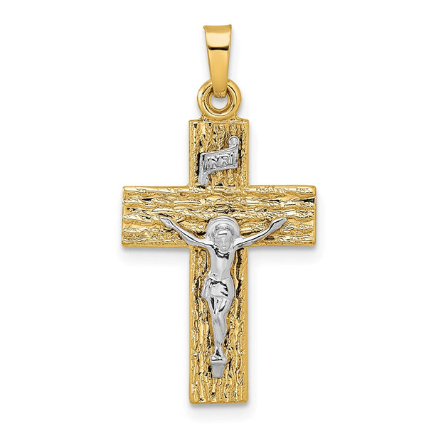 14k Two-tone Polished Wood Texture Solid INRI Crucifix Pendant