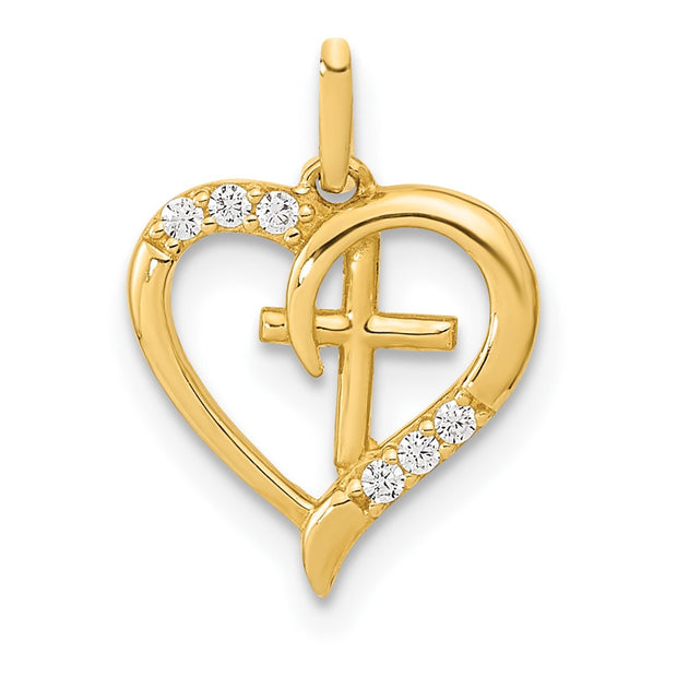 14K Polished Open Heart with Cross CZ Pendant