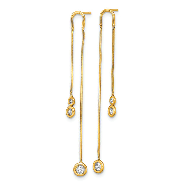 14k Yellow Gold Polished CZ Double Chain Dangle Post Earrings