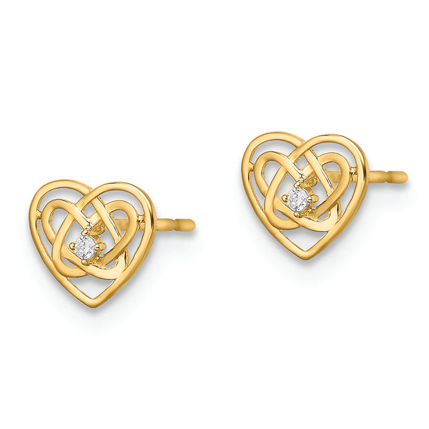 14k CZ Trinity Heart Post Earrings
