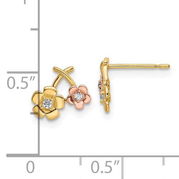 14k Two-tone CZ Flowers Post Earrings